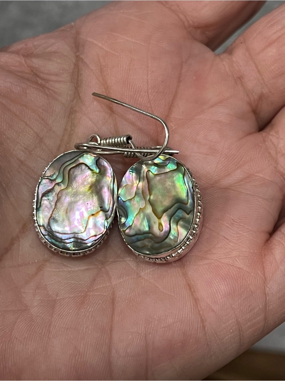 Sterling Silver Iridescent and Abalone Shell Oval Drop Earrings